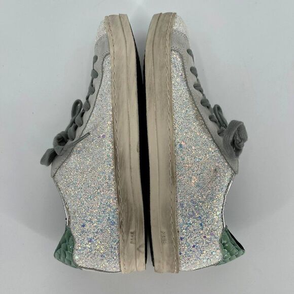 P448 John Iridescent Glitter Platform Leather Sneakers White Green Women 36 - Picture 6 of 12